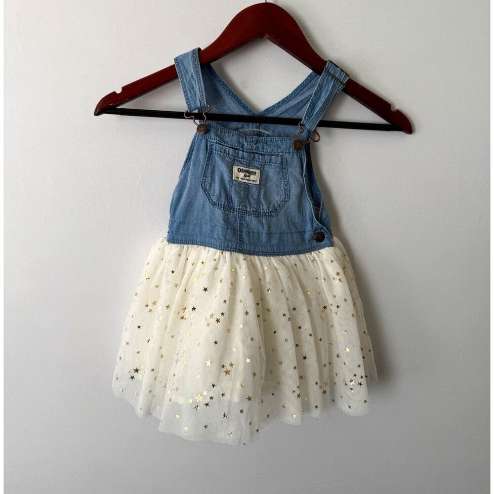 OshKosh B'gosh Girls Denim Overall Dress Tulle Stars Adjustable 18-24 Months